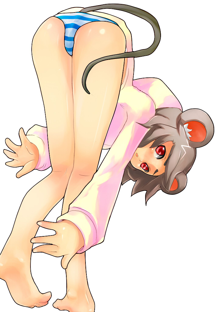 nuko-d, nazrin, touhou, bad id, bad pixiv id, 1girl, animal ears, ass, barefoot, feet, female focus, foreshortening, from below, grey hair, kneepits, legs, mouse ears, mouse tail, no pants, panties, red eyes, solo, striped clothes, striped panties, tail, underwear