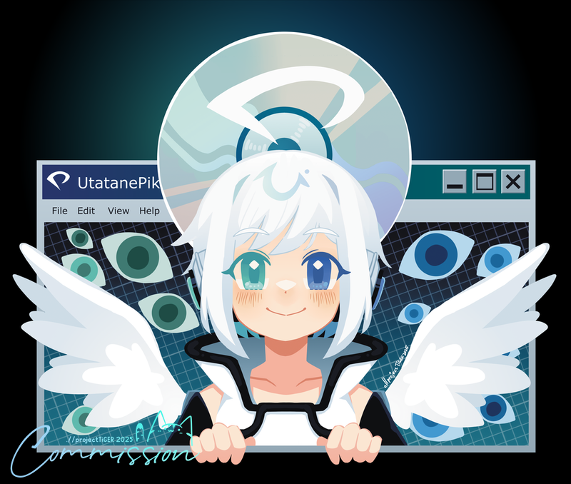 projecttiger, utatane piko, vocaloid, commentary, commission, symbol-only commentary, 1boy, ahoge, black background, blue eyes, cd, character name, detached sleeves, feathered wings, green eyes, heterochromia, high collar, huge ahoge, looking at viewer, male focus, short hair, smile, solo, white hair, window (computing), wings