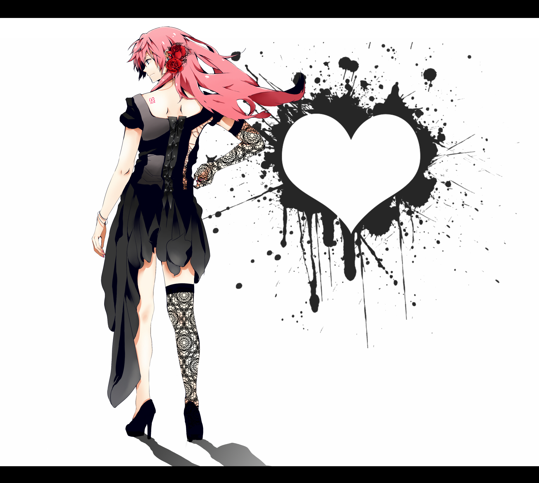 hatsuko, megurine luka, vocaloid, lace legwear, bad id, bad pixiv id, highres, third-party edit, 1girl, adapted costume, asymmetrical clothes, dress, elbow gloves, female focus, flower, from behind, gloves, hair flower, hair ornament, high heels, lace, lace gloves, legs, letterboxed, long hair, pink hair, shoes, single elbow glove, single glove, single thighhigh, solo, tattoo, thighhighs