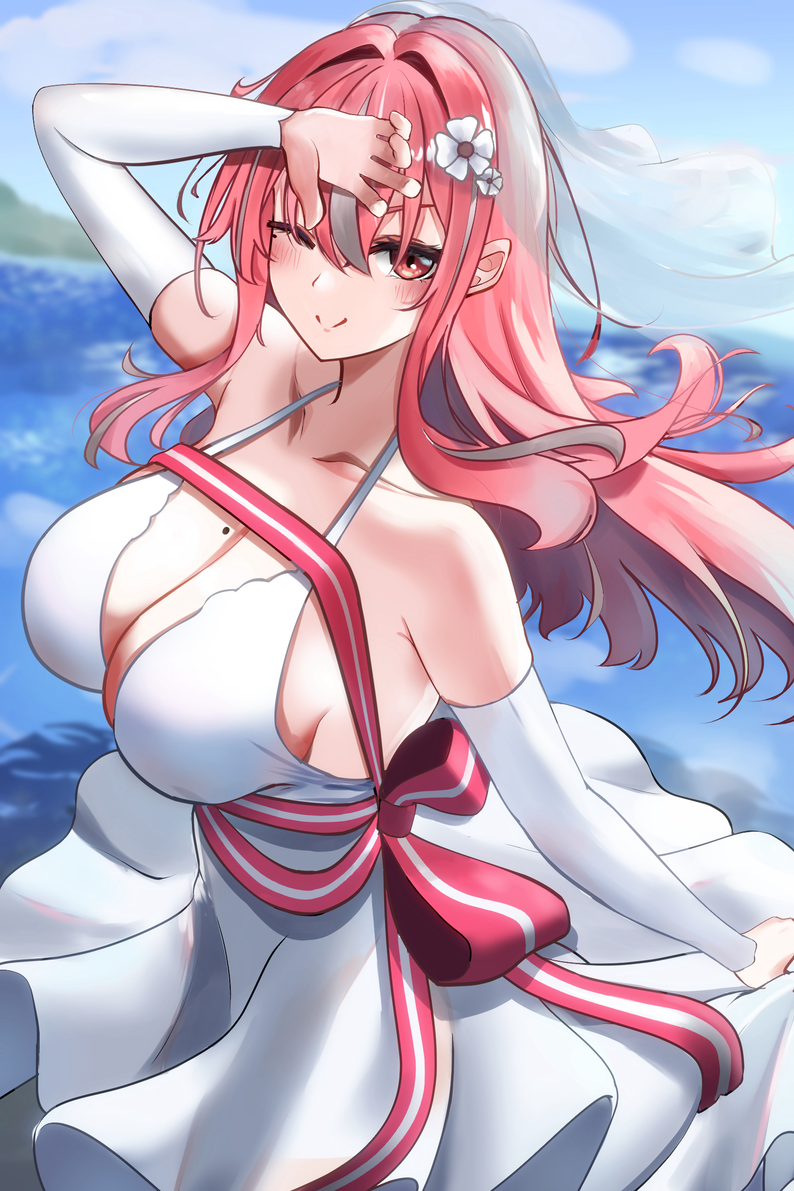 yuuki atori, bremerton (azur lane), bremerton (joyride of love) (azur lane), azur lane, absurdres, commentary request, highres, 1girl, ;), arm up, bare shoulders, blush, breasts, bridal veil, cleavage, closed mouth, collarbone, cowboy shot, detached sleeves, dress, flower, grey hair, hair between eyes, hair flower, hair intakes, hair ornament, large breasts, long hair, looking at viewer, mole, mole on breast, mole under eye, multicolored hair, official alternate costume, one eye closed, pink eyes, pink hair, red ribbon, ribbon, sidelocks, sleeveless, sleeveless dress, smile, solo, standing, streaked hair, striped ribbon, two-tone hair, veil, wedding dress, white dress, white sleeves, white veil