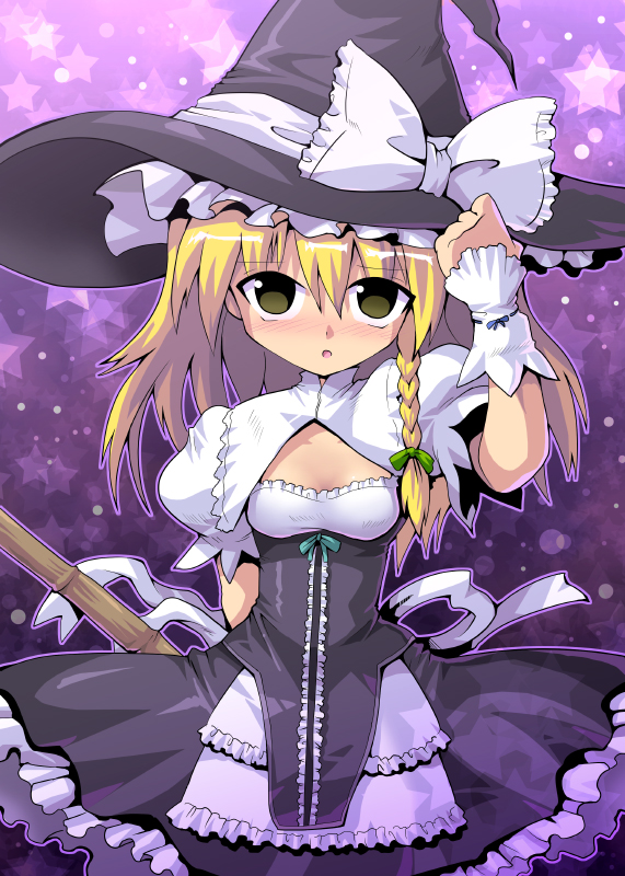 kurogarasu, kirisame marisa, curiosities of lotus asia, touhou, 1girl, alternate costume, blonde hair, blush, braid, broom, brown eyes, dress, embarrassed, female focus, hair ribbon, hand on headwear, hat, hat ribbon, purple theme, ribbon, solo, star (symbol), witch, witch hat, wrist cuffs, yellow eyes