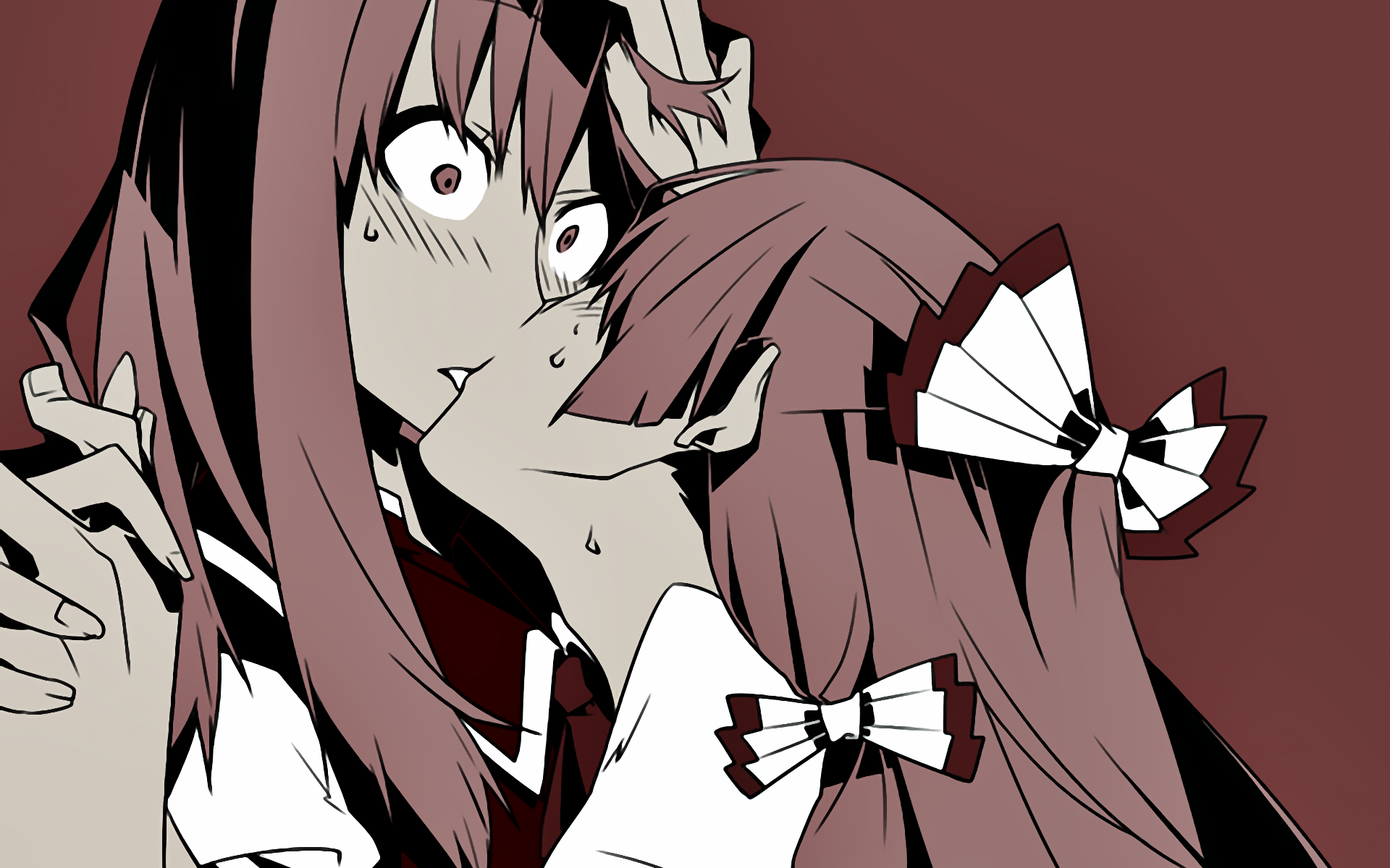 highres, tagme, 2girls, blush, holding hands, kiss, long hair, multiple girls, surprise kiss, surprised, yuri