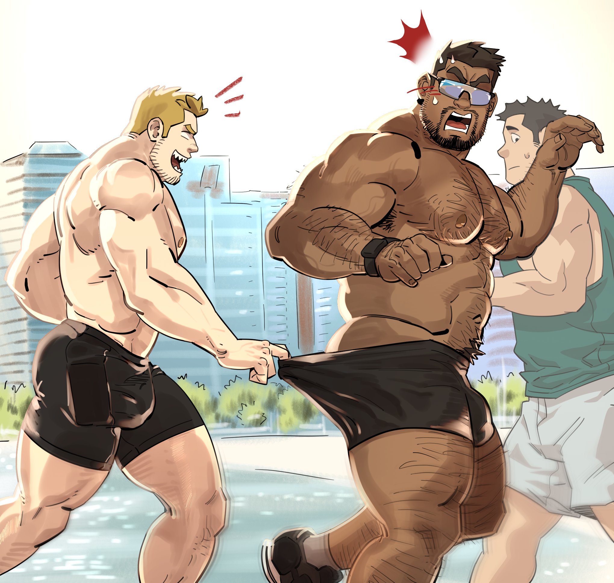 unspoken (firebreath110), original, highres, 3boys, abs, armpit hair, armpit hair peek, bara, beach, body hair, boxers, dark-skinned male, dark skin, empty eyes, facial hair, from side, hairy, large pectorals, male focus, male underwear, mature male, medium sideburns, multiple boys, muscular, muscular male, nipples, notice lines, pectorals, profile, running, runnnyaoi, sexual harassment, sharp teeth, shirt, short hair, shorts, sideburns, sideburns stubble, sideways glance, sleeveless, sleeveless shirt, sparse arm hair, sparse chest hair, sparse leg hair, strongman waist, stubble, sunglasses, sweatdrop, teeth, thick navel hair, thick thighs, thighs, topless male, underwear, white shorts, yaoi