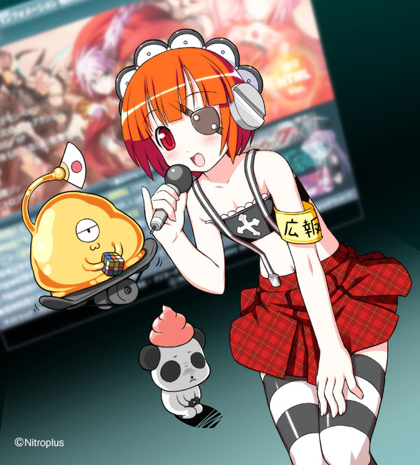 nishii (damnedrive), satsurikuin ouka, nitro wars, nitroplus, plaid, 1girl, :3, armband, cyclops, eyepatch, fang, flat chest, gothic lolita, hand fan, japan, lolita fashion, microphone, midriff, navel, one-eyed, orange hair, panda, pantyhose, red eyes, rubik's cube, screw, short hair, skateboard, strapless, striped clothes, striped pantyhose, striped thighhighs, suspenders, thighhighs, tube top