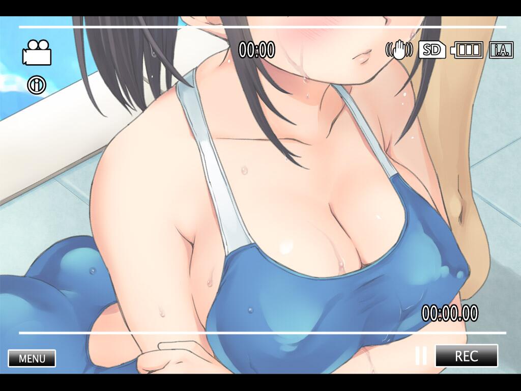 anma, original, commentary request, 1boy, 1girl, arms under breasts, battery indicator, black hair, blue one-piece swimsuit, blush, breasts, cleavage, close-up, closed mouth, collarbone, covered erect nipples, eyes out of frame, hand on own arm, head out of frame, large breasts, lips, long hair, one-piece swimsuit, pool, poolside, recording, sidelocks, swimsuit, upper body, viewfinder, water, wet