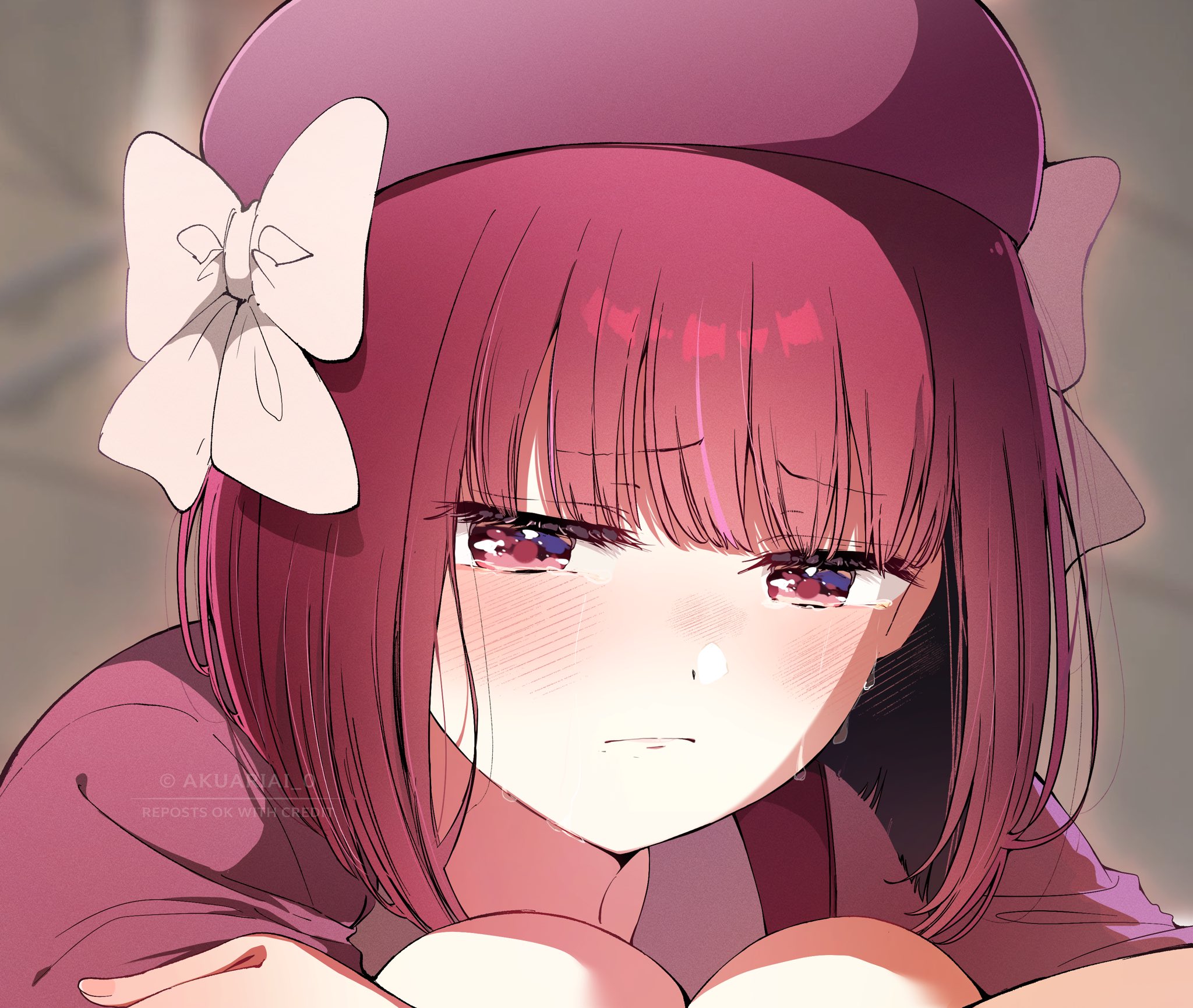 risdelusions, arima kana, oshi no ko, hashtag-only commentary, highres, 1girl, blush, bob cut, bow, closed mouth, hat, hat bow, medium hair, red eyes, red hair, short hair, solo, tears, white bow