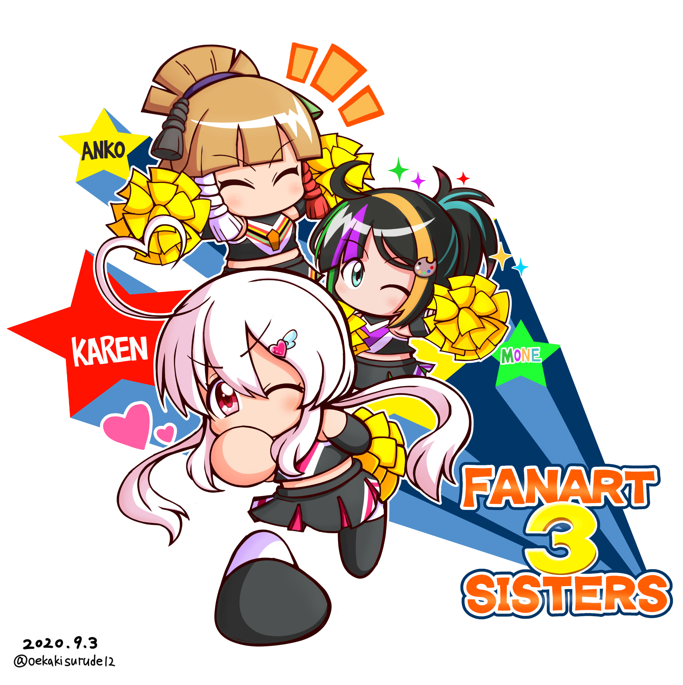 shiroi tansu, amane karen, jikkyou powerful pro yakyuu, power pro appli, commentary request, highres, 2020, 3girls, ahoge, aqua eyes, aqua hair, black hair, black shoes, black skirt, blonde hair, brown hair, cheerleader, chibi, chonmage, closed eyes, crop top, english text, green hair, hair ornament, heart, heart ahoge, heart hair ornament, high ponytail, holding, holding pom poms, honba anko, jikkyou powerful pro yakyuu (style), kuroto mone, low twintails, multicolored hair, multicolored shoes, multiple girls, navel, no mouth, one eye closed, paint palette hair ornament, pink hair, pom pom (cheerleading), pom poms, ponytail, purple hair, rayman limbs, red eyes, shoes, skirt, smile, sparkle, star (symbol), topknot, twintails, twitter username, two-tone shoes, white background, white shoes
