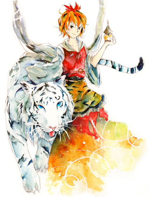 uram, toramaru shou, touhou, 1girl, bishamonten's pagoda, female focus, hair ornament, shawl, solo, standing, tiger, white background, white tiger