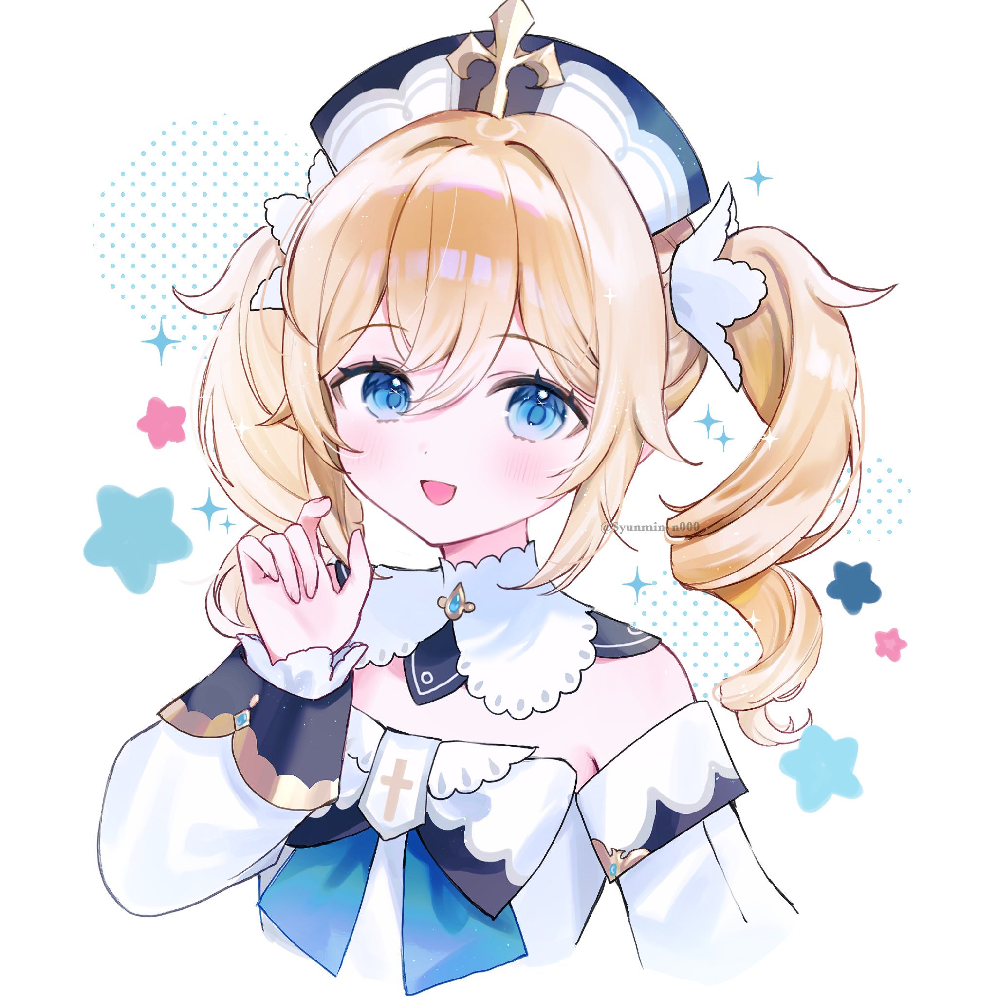 syunmin n000, barbara (genshin impact), genshin impact, commentary request, highres, 1girl, :d, blonde hair, blue eyes, collar, cropped torso, detached collar, detached sleeves, drill hair, frilled collar, frills, hair between eyes, hair intakes, hat, light blush, looking at viewer, medium hair, nurse cap, open mouth, sidelocks, simple background, smile, solo, sparkle, star (symbol), twin drills, twitter username, white background, white collar, white sleeves
