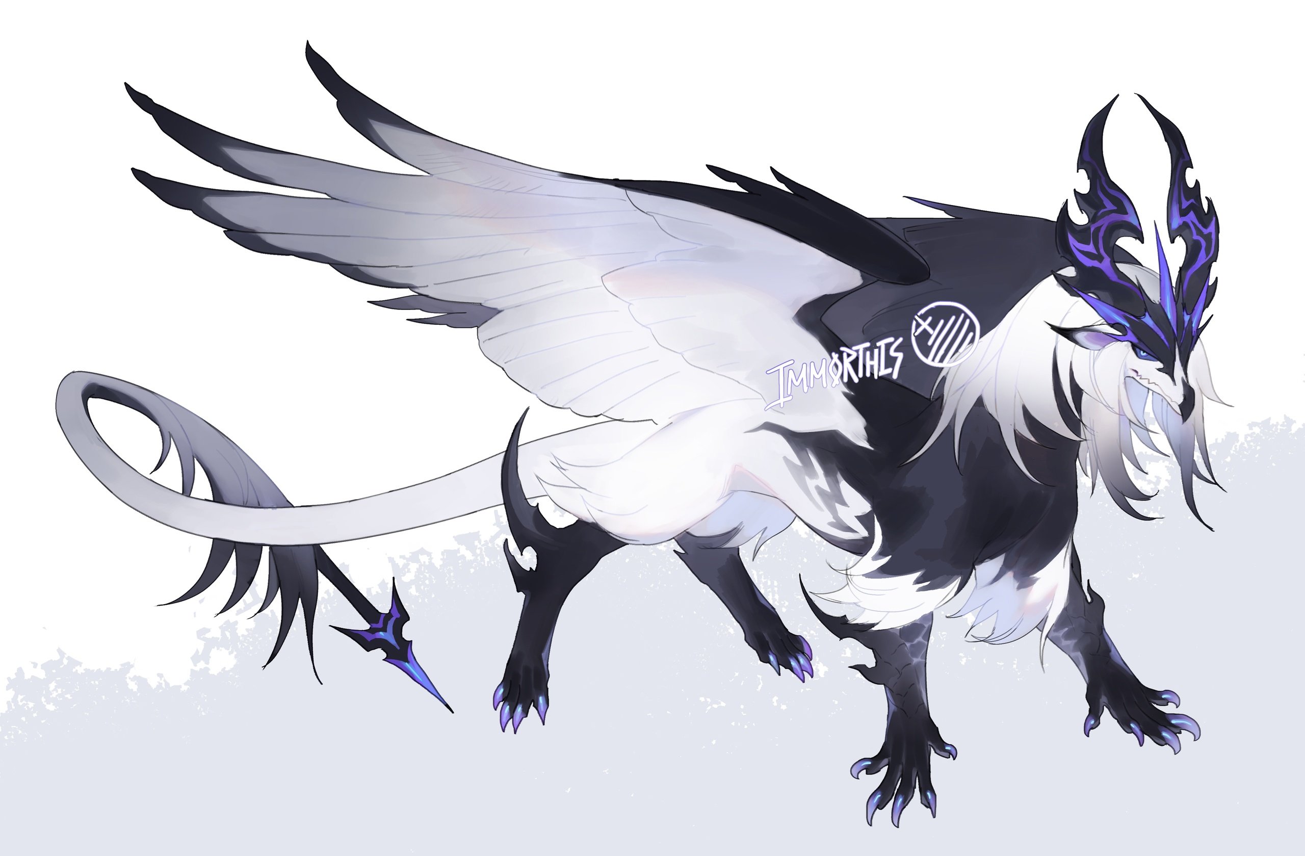 original, commentary, concept art, english commentary, highres, animal focus, dragon, fantasy, feathers, food, horns, immorthis, noodles, reference sheet, tail, wings