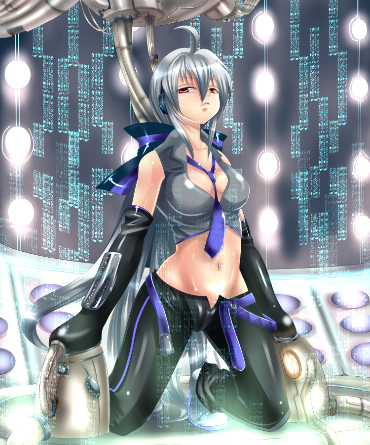 nagare, yowane haku, vocaloid, silver hair, 1girl, ahoge, breasts, cleavage, detached sleeves, female focus, large breasts, long hair, necktie, red eyes, solo