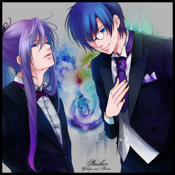 wii hola, kaito (vocaloid), kamui gakupo, vocaloid, bad id, bad pixiv id, 2boys, blue eyes, blue hair, flower, formal clothes, long hair, male focus, monocle, monocle chain, multiple boys, necktie, plant, purple eyes, purple hair, short hair, suit, upper body