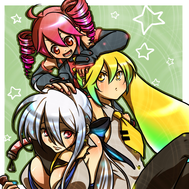 gonmasa, akita neru, kasane teto, kasane teto (utau), yowane haku, utau, vocaloid, silver hair, 3girls, ahoge, asymmetrical hair, blonde hair, blue nails, breasts, cleavage, crossover, detached sleeves, drill hair, headphones, huge breasts, long hair, multicolored hair, multiple girls, nail polish, necktie, pink nails, red eyes, red hair, side ponytail, twin drills, twintails