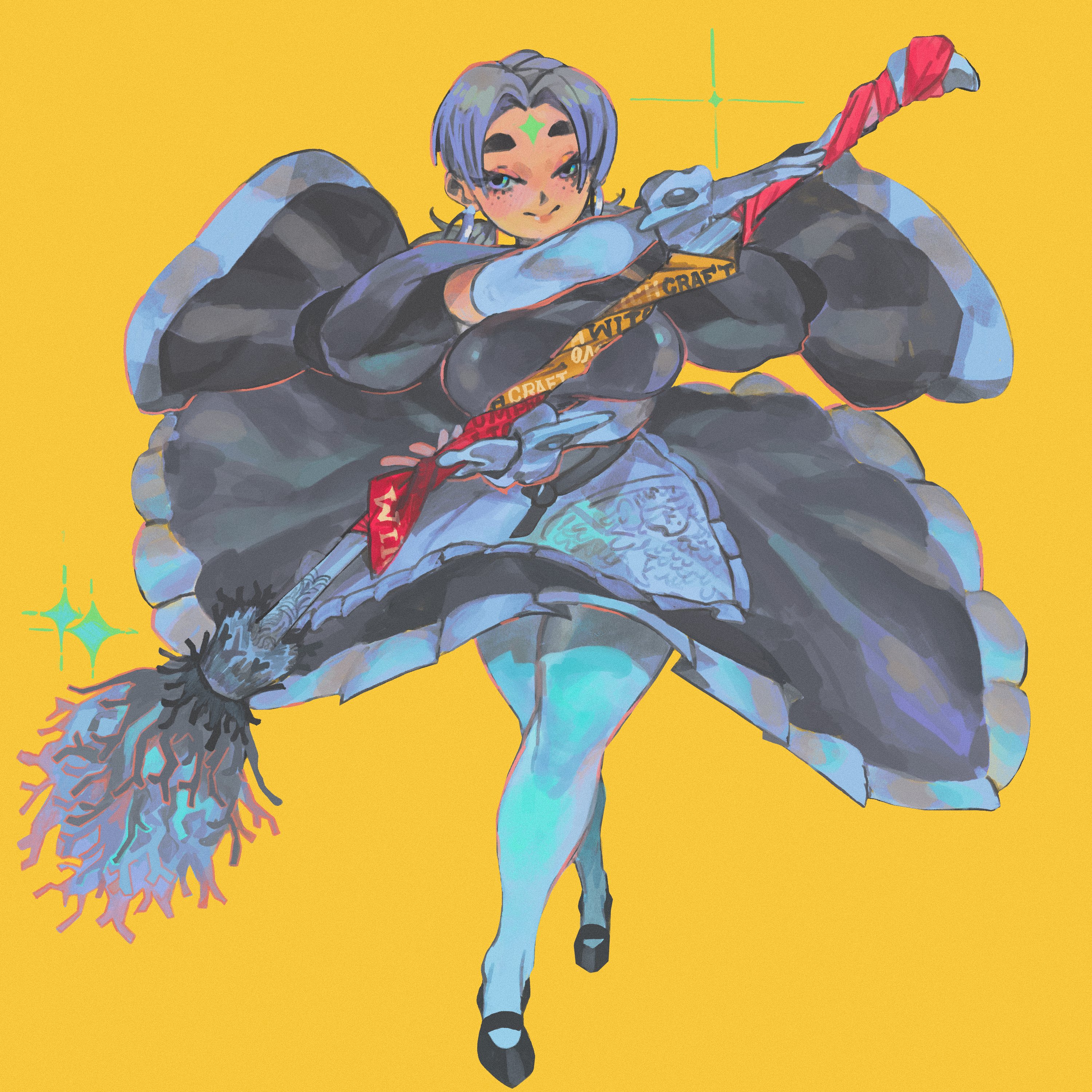 keziedra, garlic (keziedra), original, absurdres, commentary, english commentary, highres, 1girl, apron, arm across neck, arm across waist, arm under breasts, arms across body, black dress, black shoes, blue eyes, breasts, broom, crossed legs, curtained hair, dress, earrings, elbow gloves, facial mark, forehead mark, freckles, full body, gloves, half-closed eyes, holding, holding broom, hoop earrings, jewelry, large breasts, long sleeves, looking at viewer, low twintails, maid, maid apron, mary janes, parted bangs, shoes, short twintails, smile, solo, sparkle, standing, star (symbol), star facial mark, thighhighs, twintails, two-handed, watson cross, white apron, white gloves, white thighhighs, wide sleeves, wrist cuffs