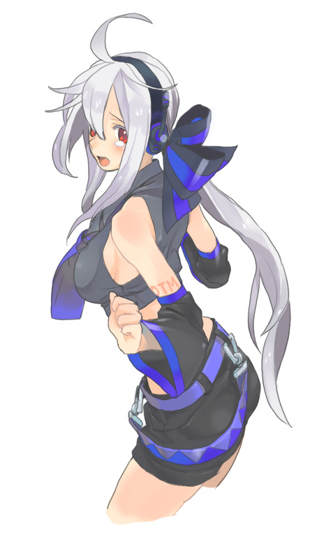 nomuo (shiromi), shiromi, shiromi-12, yowane haku, vocaloid, silver hair, bad id, bad pixiv id, 1girl, ahoge, alternate costume, blush, breasts, detached sleeves, female focus, headphones, long hair, nail polish, necktie, red eyes, ribbon, short shorts, shorts, sideboob, solo