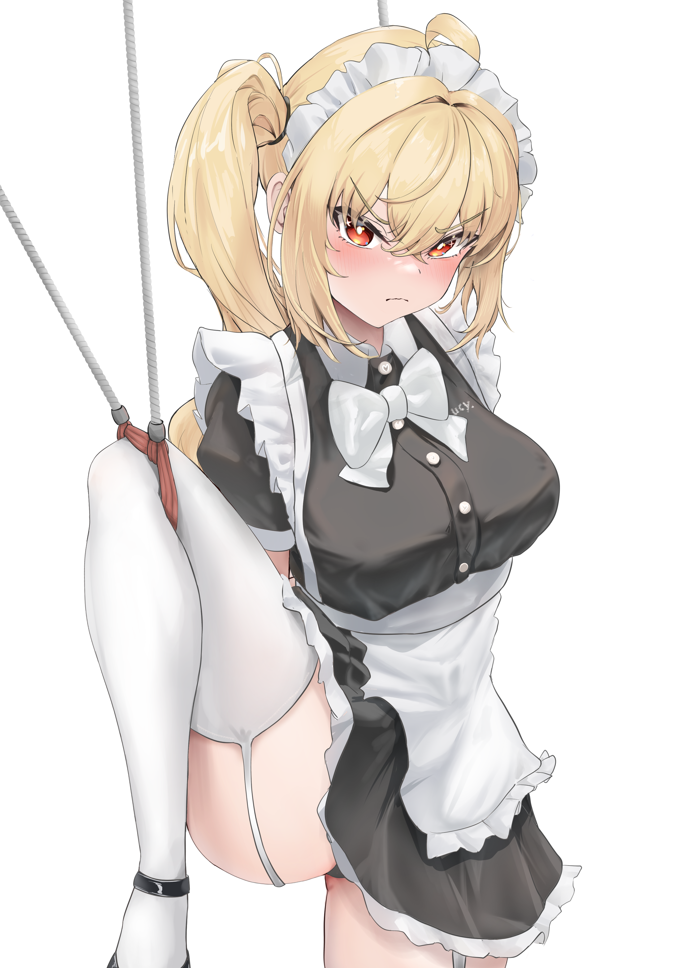113hue, luciana de montefio, zenless zone zero, absurdres, commentary request, highres, 1girl, alternate costume, apron, black dress, black panties, black shoes, blonde hair, blush, breasts, closed mouth, cowboy shot, dress, enmaided, garter straps, large breasts, leg lift, long hair, maid, maid apron, maid headdress, panties, pantyshot, red eyes, shoes, short dress, side ponytail, simple background, solo, underwear, v-shaped eyebrows, waist apron, white apron, white background, white garter straps