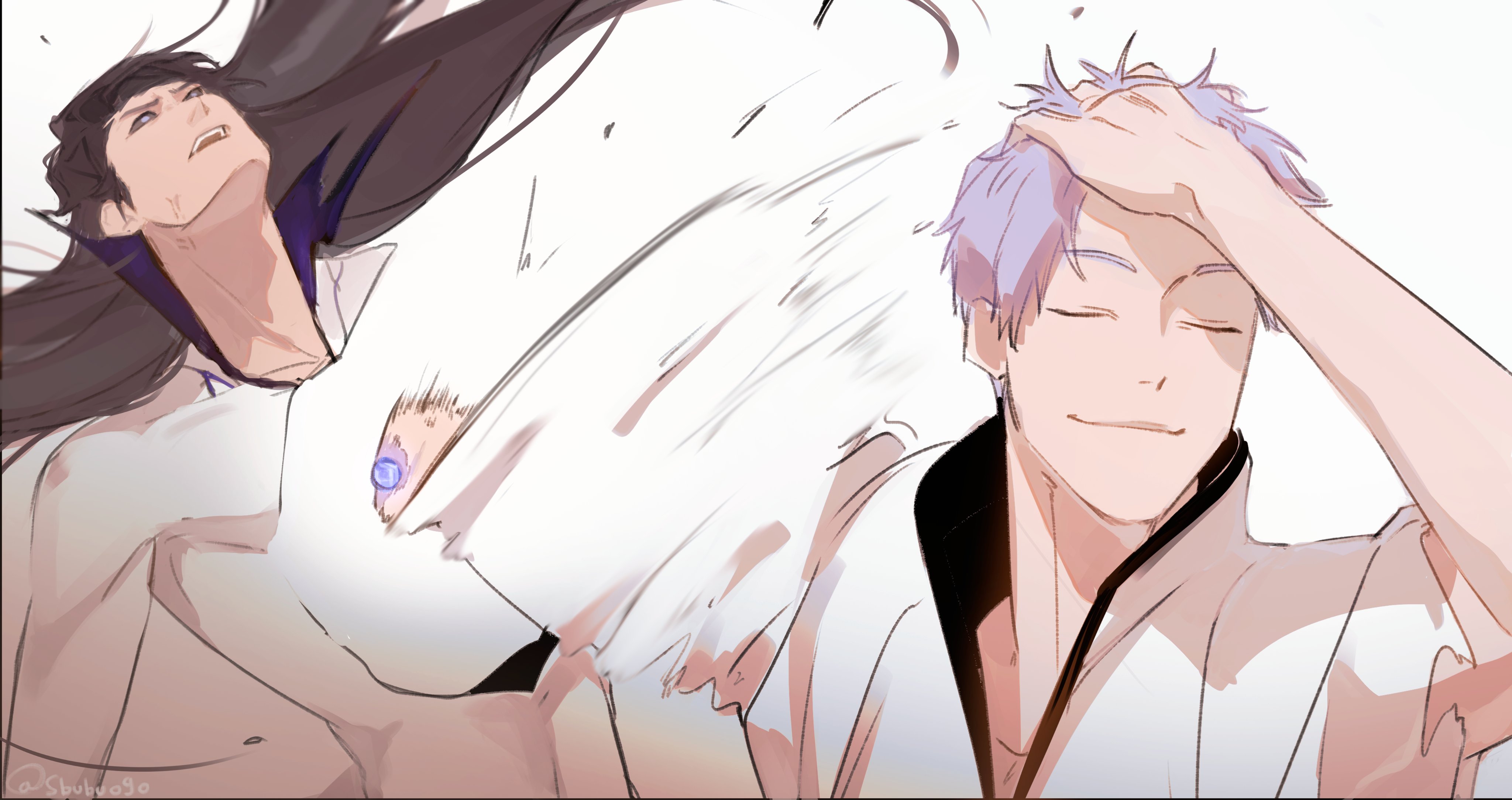 aizen sousuke, ichimaru gin, bleach, jujutsu kaisen, absurdres, hashtag-only commentary, highres, 2boys, brown hair, closed eyes, colored sclera, hand in own hair, hogyoku (bleach), long hair, meme, motion blur, mullet, multiple boys, naoya hitting choso without looking (meme), open mouth, parody, purple eyes, purple hair, sbubuo9o, shirt, torn clothes, torn shirt, torn sleeve, veins