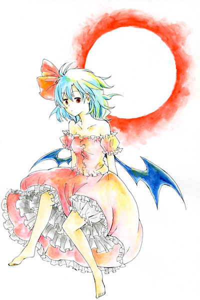 uram, remilia scarlet, touhou, 1girl, adapted costume, alternate costume, bare shoulders, barefoot, bloomers, blue hair, dress, female focus, no headwear, short hair, solo, underwear, wings