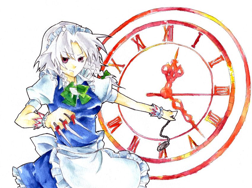 uram, izayoi sakuya, embodiment of scarlet devil, touhou, silver hair, 1girl, braid, clock, female focus, knife, maid, maid headdress, pocket watch, solo, throwing knife, twin braids, watch, weapon, white background