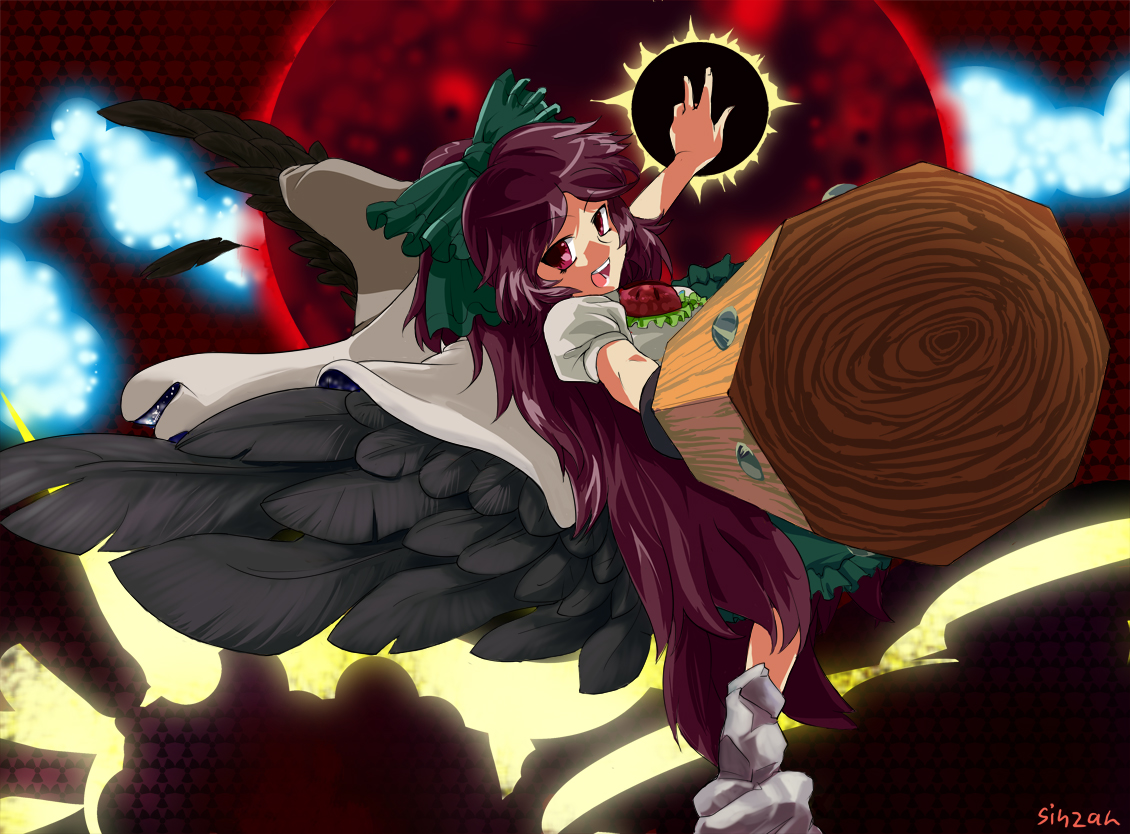 sinzan, reiuji utsuho, touhou, 1girl, black sun, cape, female focus, long hair, red eyes, solo, sun, wings