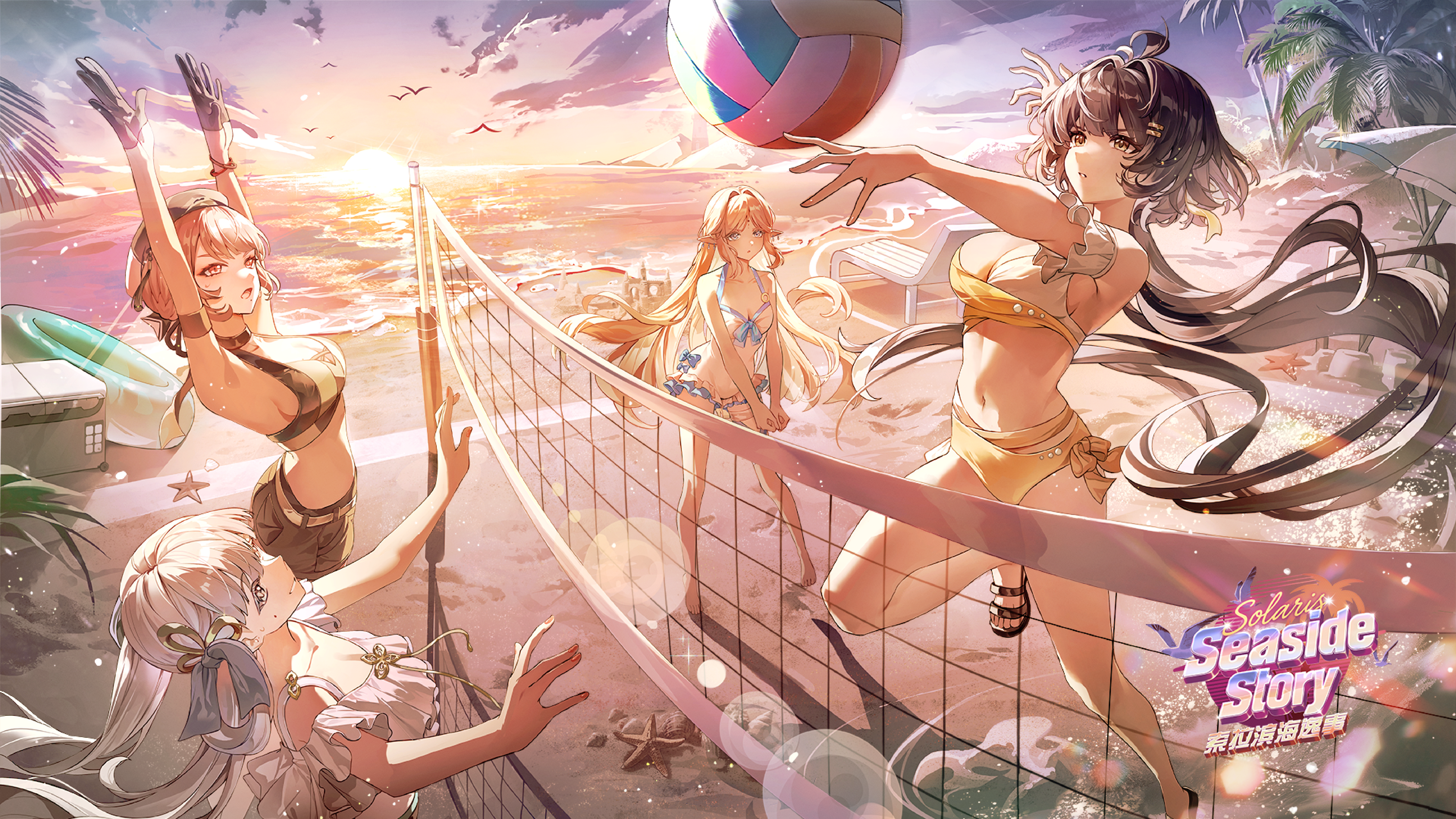 datsha, cartethyia (wuthering waves), female rover (wuthering waves), jinhsi (wuthering waves), rover (wuthering waves), sanhua (wuthering waves), wuthering waves, absurdres, chinese commentary, commentary request, highres, official art, second-party source, 4girls, alternate costume, arms up, ball, bare legs, beachball, beret, bikini, bikini top only, black bikini, black gloves, black hair, black hat, black shorts, blonde hair, bow, breasts, cleavage, collarbone, gloves, grey hair, hair bow, hair ornament, hair ribbon, hairclip, hat, legs, long hair, low ponytail, medium breasts, mole, mole on cheek, multiple girls, navel, open mouth, outdoors, parallel hairclips, parted lips, playing sports, pointy ears, ponytail, red eyes, ribbon, shorts, sidelocks, spiking, stomach, swim ring, swimsuit, thighs, very long hair, volleyball, white bikini, white bow, white eyes, white hair, yellow bikini, yellow eyes, yellow ribbon