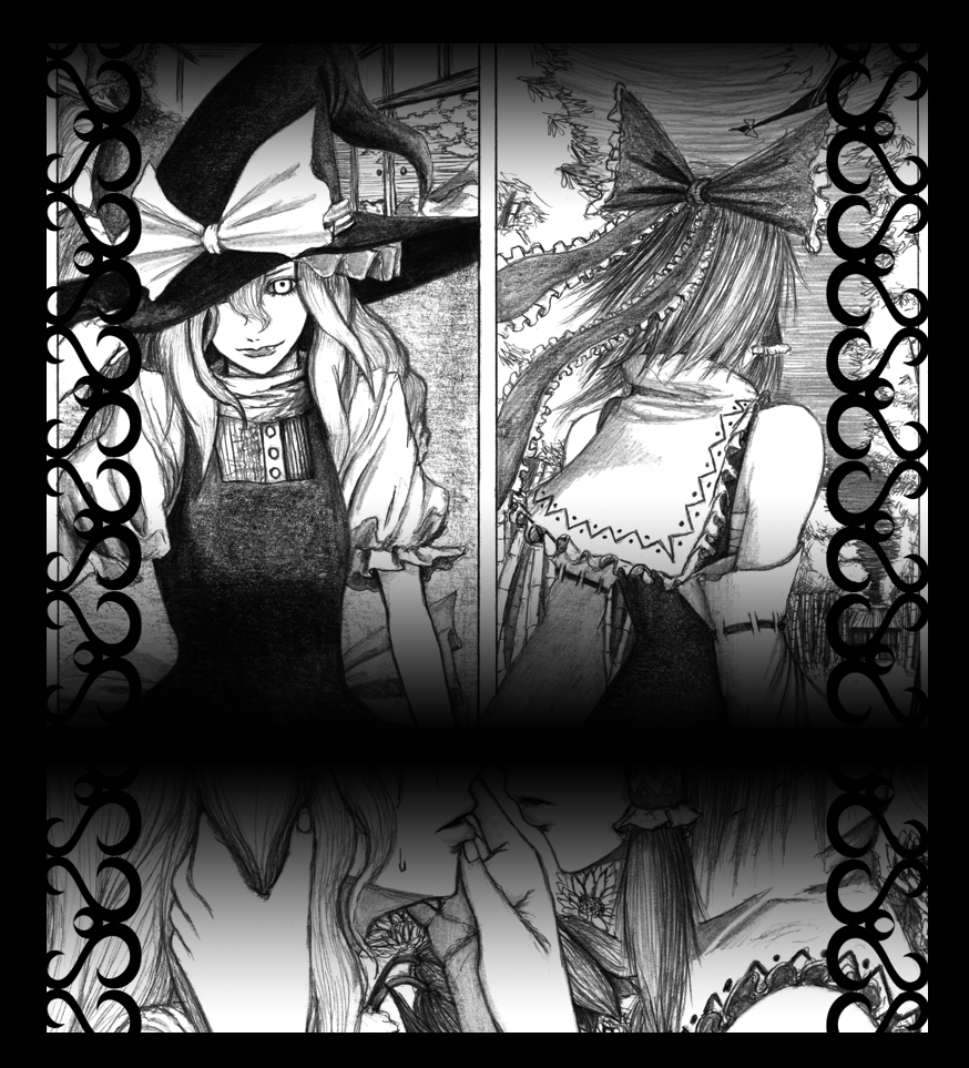 hane (azelye), hakurei reimu, kirisame marisa, touhou, bad id, bad pixiv id, graphite (medium), traditional media, 2girls, female focus, gap (touhou), greyscale, imminent kiss, monochrome, multiple girls, yuri