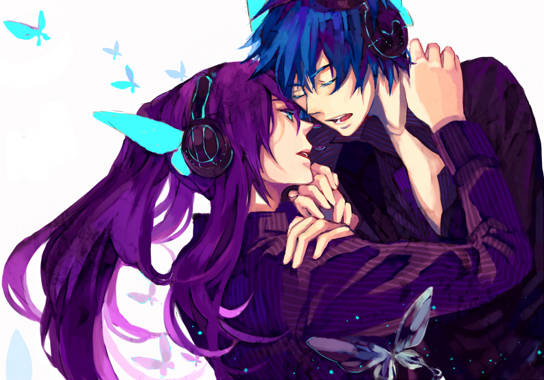 suohsuohsuohsuoh, kaito (vocaloid), kamui gakupo, magnet (vocaloid), vocaloid, 2boys, blue hair, butterfly, butterfly hair ornament, face-to-face, hair ornament, long hair, magnet, male focus, multiple boys, ponytail, purple hair, yaoi
