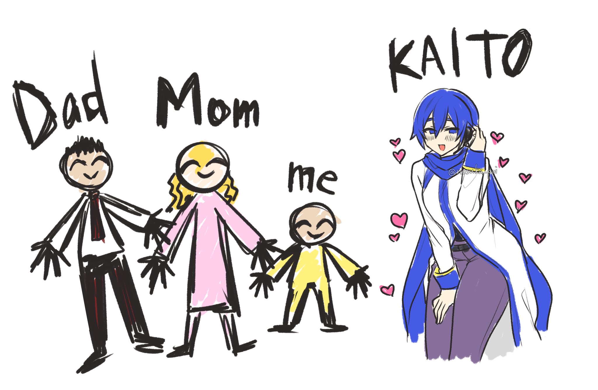 nosuka poi, kaito (vocaloid), vocaloid, highres, 1girl, 1other, 2boys, blue eyes, blue hair, blue scarf, child's drawing, heart, long hair, looking at viewer, meme, mommy daddy doggy and me (meme), multiple boys, open mouth, scarf, short hair, smile, too many, too many hearts