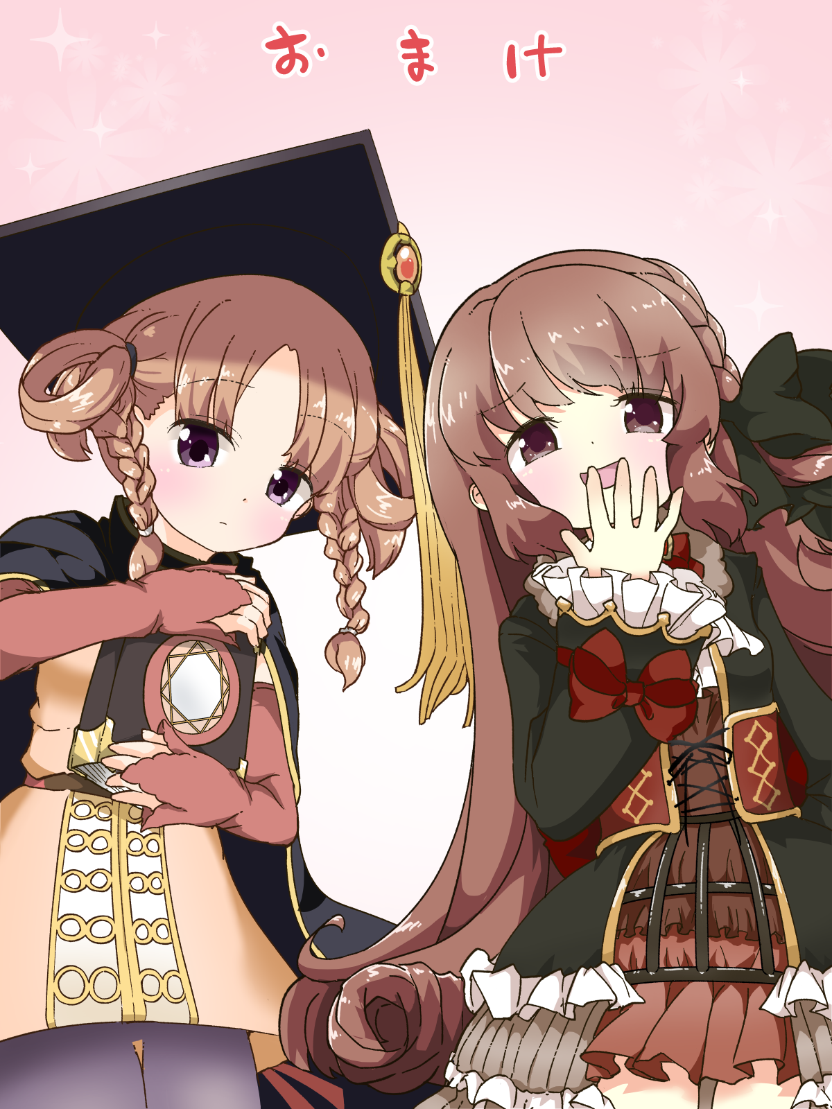 tsugahara ne ne, hiiragi nemu, satomi touka, magia record: mahou shoujo madoka magica gaiden, mahou shoujo madoka magica, mahou shoujo madoka magica magia exedra, commentary request, highres, 2girls, black bow, black bowtie, book, bow, bowtie, braid, brown hair, closed mouth, gothic lolita, holding, holding book, lolita fashion, long hair, magical girl, multiple girls, open mouth, smile, twin braids