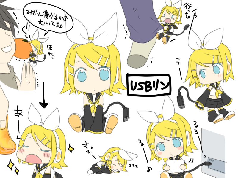 oharu, kagamine rin, vocaloid, translated, 1boy, 1girl, aqua eyes, blonde hair, chibi, colored eyelashes, food, fruit, hair ornament, hair ribbon, hairclip, head tilt, mandarin orange, mini person, minigirl, music, neckerchief, orange (fruit), pulling another's clothes, ribbon, short hair, singing, sitting, sleeping, socks, sparkle, tail, usb, yellow neckerchief