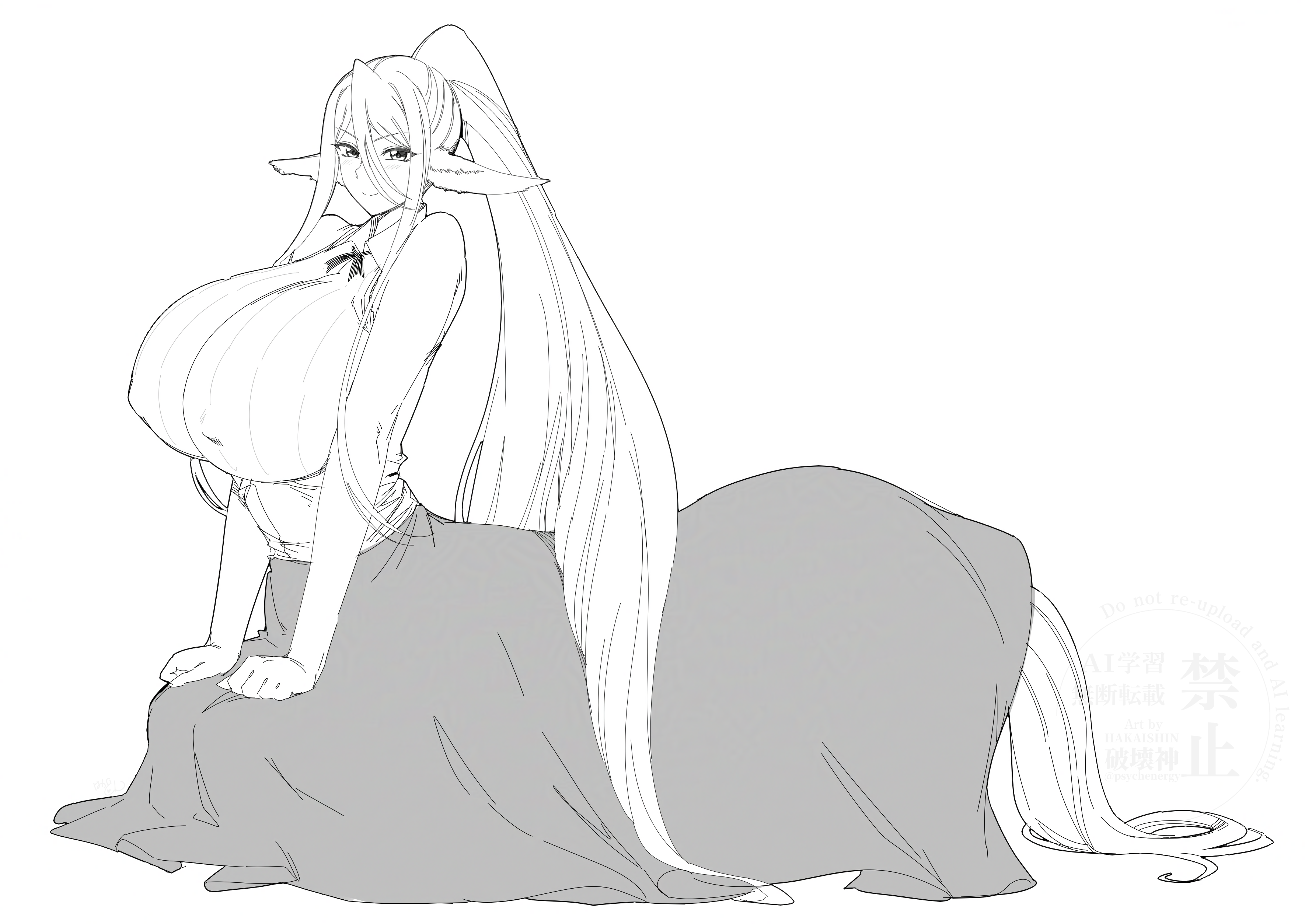hakai shin, centorea shianus, monster musume no iru nichijou, absurdres, commentary request, highres, 1girl, animal ears, bare arms, breasts, centaur, collared shirt, covered erect nipples, from side, greyscale, hair between eyes, hands on own legs, horse ears, horse tail, huge breasts, kneeling, long hair, long hair between eyes, looking at viewer, monochrome, monster girl, ponytail, ribbed shirt, shirt, simple background, skirt, sleeveless, sleeveless shirt, smile, solo, tail, taur, turning head, very long hair, watermark, white background