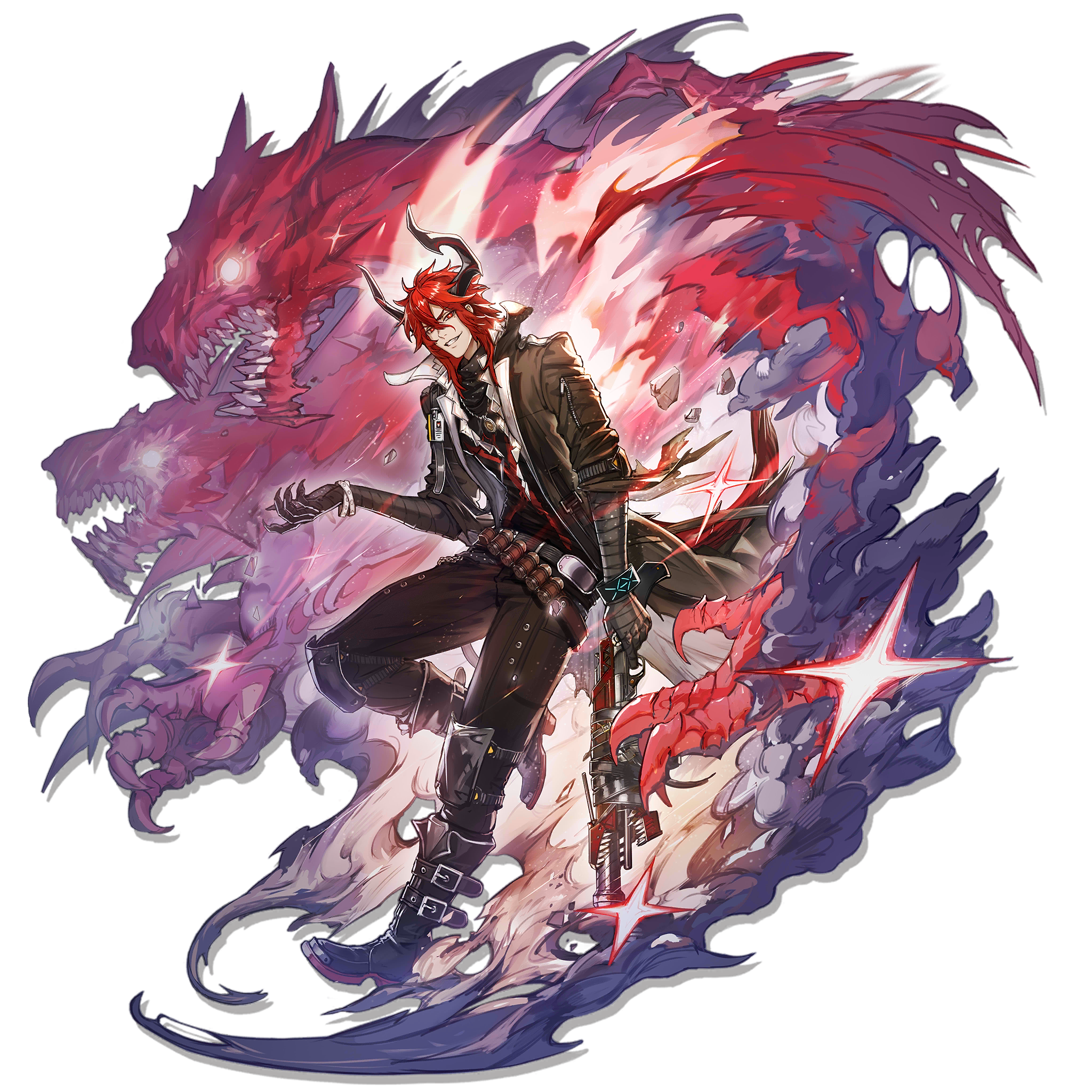 ryuuzaki ichi, sesa (arknights), arknights, highres, official art, 1boy, bandages, boots, bracelet, full body, grin, gun, holding, holding gun, holding weapon, horns, jacket, jewelry, leather, leather jacket, looking at viewer, male focus, official alternate costume, pants, red hair, sharp teeth, smile, smoke, solo, teeth, transparent background, weapon