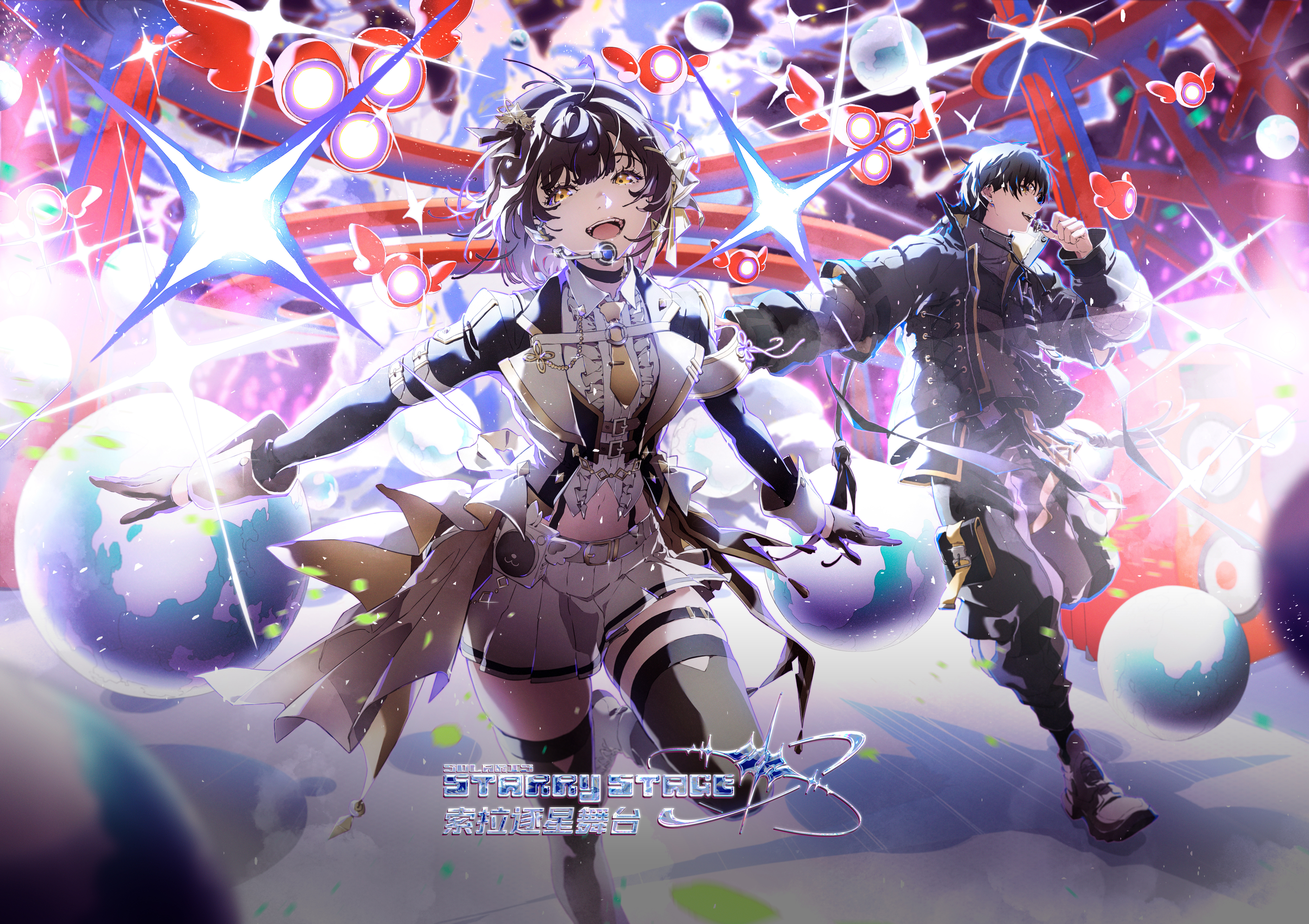 female rover (wuthering waves), male rover (wuthering waves), rover (wuthering waves), wuthering waves, absurdres, chinese commentary, commentary request, highres, official art, 1boy, 1girl, black choker, black gloves, black hair, black hat, black jacket, black pants, black thighhighs, bow, breasts, choker, collared shirt, colored inner hair, dual persona, english text, gloves, grey shirt, hair bow, hair ornament, hairclip, hat, idol, jacket, medium breasts, microphone, midriff, multicolored hair, navel, necktie, official alternate costume, open mouth, outstretched arms, pants, parallel hairclips, pouch, shirt, skirt, smile, thighhighs, white bow, white hair, white shirt, white skirt, yellow eyes, yellow necktie