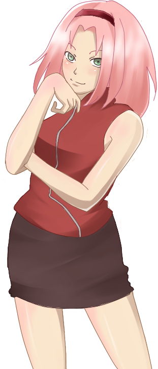 haruno sakura, naruto (classic), naruto (series), naruto shippuuden, artist request, 1girl, bare shoulders, blush, cowboy shot, female focus, green eyes, hair ornament, hairband, long hair, looking at viewer, miniskirt, pink hair, red shirt, shirt, simple background, skirt, sleeveless, sleeveless shirt, smile, solo, white background