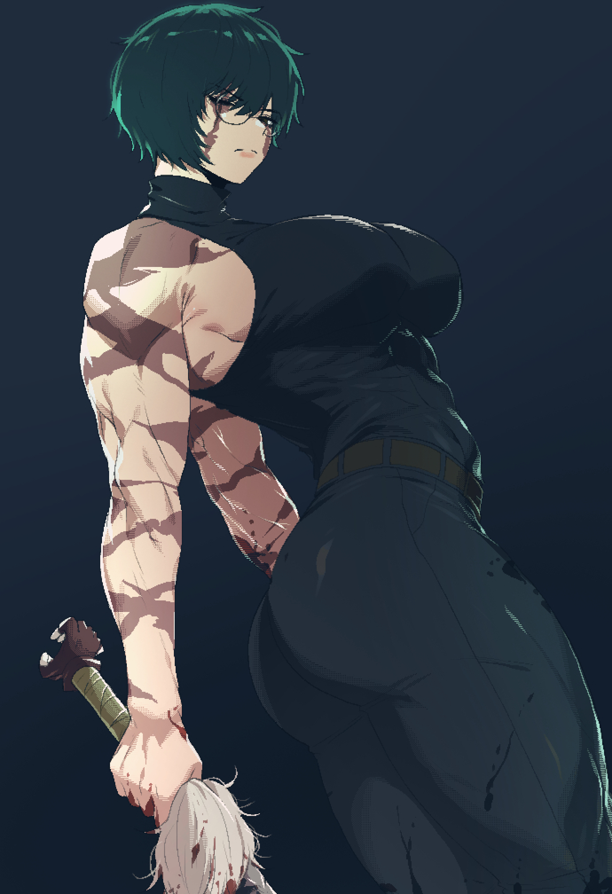 spoiledmuffin, zen'in maki, jujutsu kaisen, absurdres, commentary request, highres, korean commentary, 1girl, belt, black background, black belt, black hair, black pants, black shirt, breasts, brown eyes, closed mouth, from below, glasses, holding, holding sword, holding weapon, large breasts, looking at viewer, pants, round eyewear, scar, scar across eye, scar on arm, scar on face, shirt, simple background, sleeveless, sleeveless shirt, solo, standing, sword, weapon