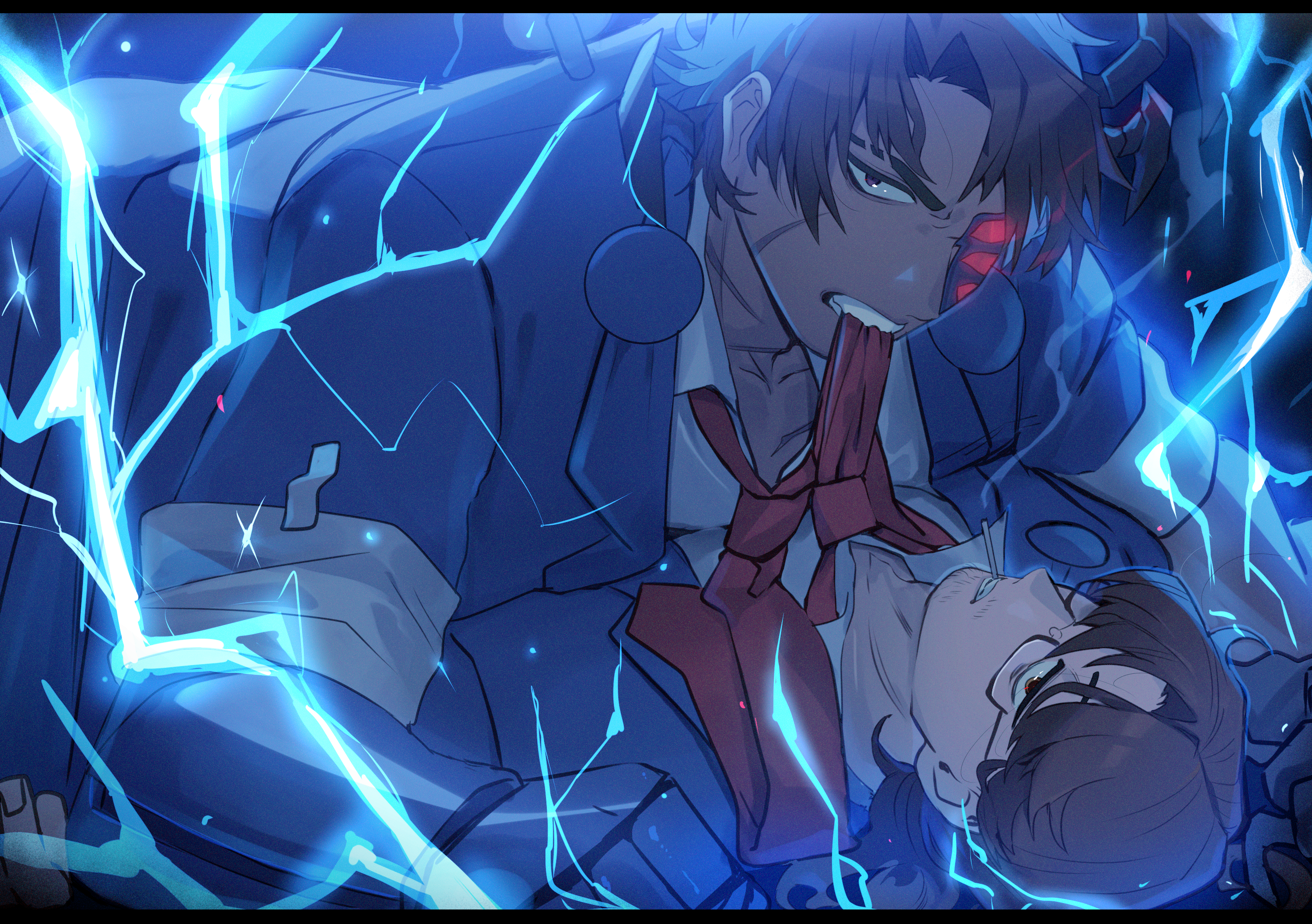 gregor (project moon), heathcliff (project moon), shock centipede (project moon), limbus company, project moon, absurdres, highres, photoshop (medium), 2boys, aedd (e.g.o), alternate costume, angry, arthropod limbs, artificial eye, bags under eyes, beard stubble, biting, black-framed eyewear, black-framed glasses, blue background, blue coat, blue electricity, blue theme, brown eyes, brown hair, bug, bug arm, clenched teeth, coat, collarbone, collared shirt, creature, dark-skinned male, dark skin, dress shirt, e.g.o (project moon), electricity, expressionless, facial hair, formal clothes, from side, glasses, glowing, glowing eye, hair between eyes, hair intakes, half-closed eyes, heterochromia, holding, jitome, lapels, lightning, long hair, long sleeves, looking at viewer, looking to the side, looking up, loose necktie, low ponytail, lying, lying on person, male focus, mechanical arms, mechanical eye, mechanical hands, mouth hold, multiple boys, muscular, muscular male, nail (hardware), necktie, official alternate costume, on back, on stomach, pants, parted bangs, ponytail, prosthesis, prosthetic arm, purple eyes, rectangular eyewear, red eyes, red necktie, sanpaku, scar, scar on face, scar on neck, semi-rimless eyewear, sharp teeth, shirt, short hair, sideways glance, simple background, single mechanical hand, sleeves rolled up, smoking, sparks, stubble, teeth, under-rim eyewear, upper body, vest, white shirt, yaoi