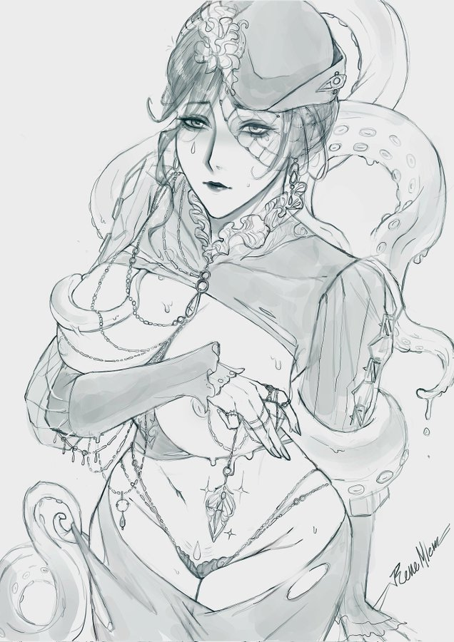 renepolumorfous, jelena (path to nowhere), path to nowhere, commentary, english commentary, 1girl, blush, breasts, breasts out, chain, closed mouth, covering one breast, covering privates, cowboy shot, dress, hat, jewelry, long sleeves, looking up, monochrome, panties, simple background, solo, tentacles, torn clothes, torn dress, underwear