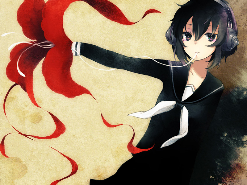 reika (artist), reika (clovia studio), nene nene, utau, 1girl, female focus, flower, headphones, purple eyes, purple hair, school uniform, serafuku, short hair, solo