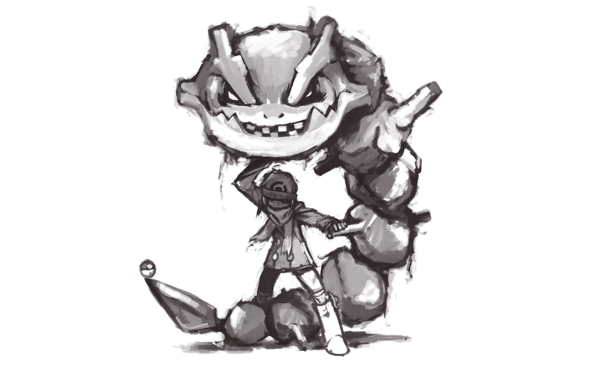 gianoa, dawn (pokemon), steelix, nintendo, pokemon, pokemon dppt, highres, 00s, 1girl, alternate costume, beanie, boots, full body, gen 2 pokemon, greyscale, hat, monochrome, monster, poke ball, pokemon (creature), scarf, simple background, winter clothes