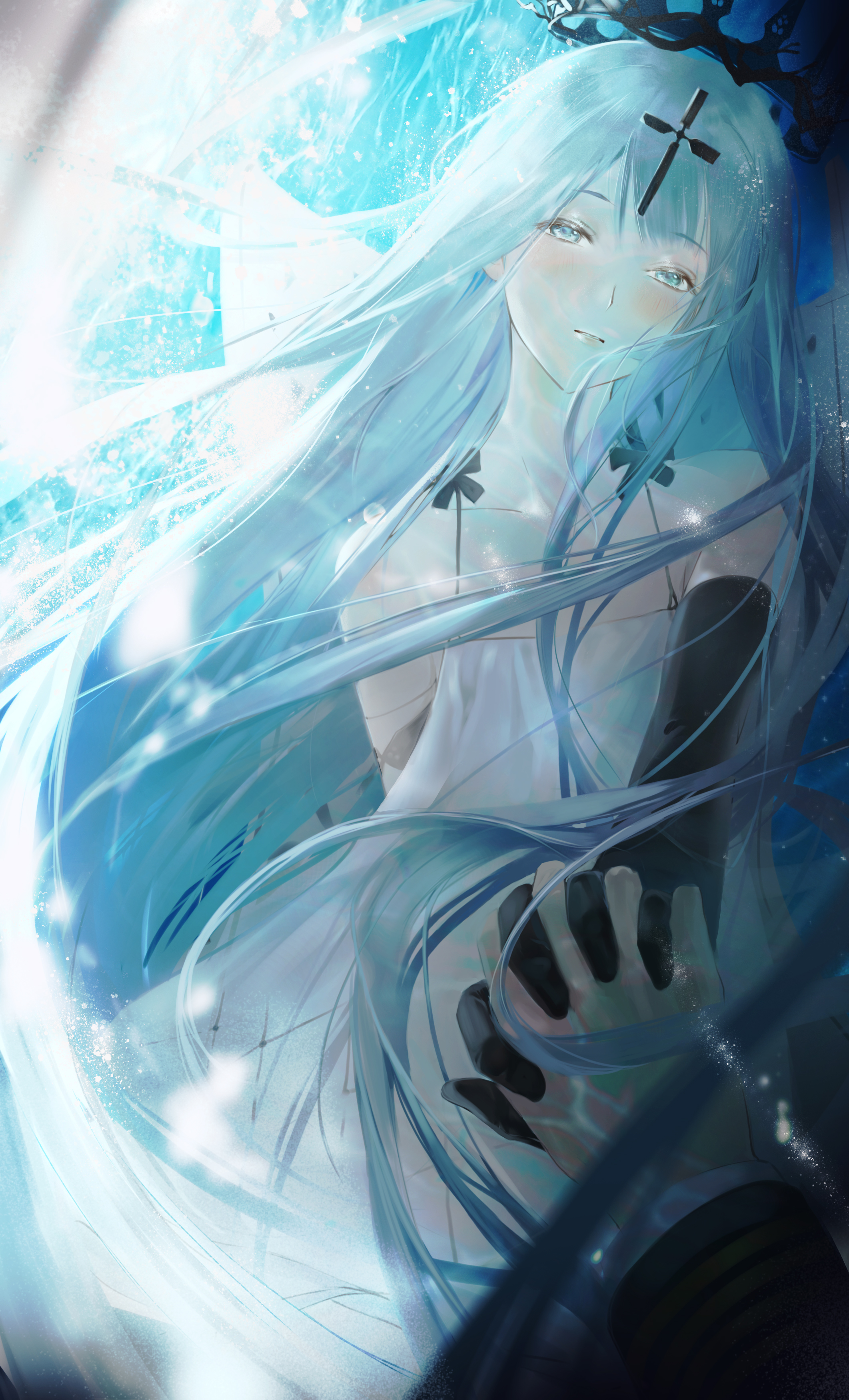 tanxing jiu, champagne (azur lane), azur lane, absurdres, commentary request, highres, 1girl, 1other, absurdly long hair, black crown, black gloves, blue eyes, blue hair, camisole, collarbone, cross hair ornament, crown, elbow gloves, flat chest, floating crown, gloves, hair ornament, long hair, long sleeves, looking at viewer, pov, pov hands, solo focus, very long hair, white camisole