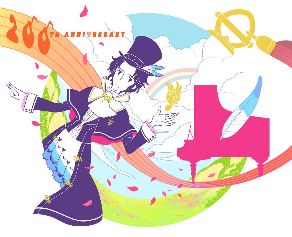 amemiya saiga, frederic chopin (trusty bell), trusty bell, 1boy, anniversary, blue eyes, blue hair, cloud, feathers, grand piano, hat, instrument, male focus, matching hair/eyes, musical note, petals, piano, rainbow, solo, top hat