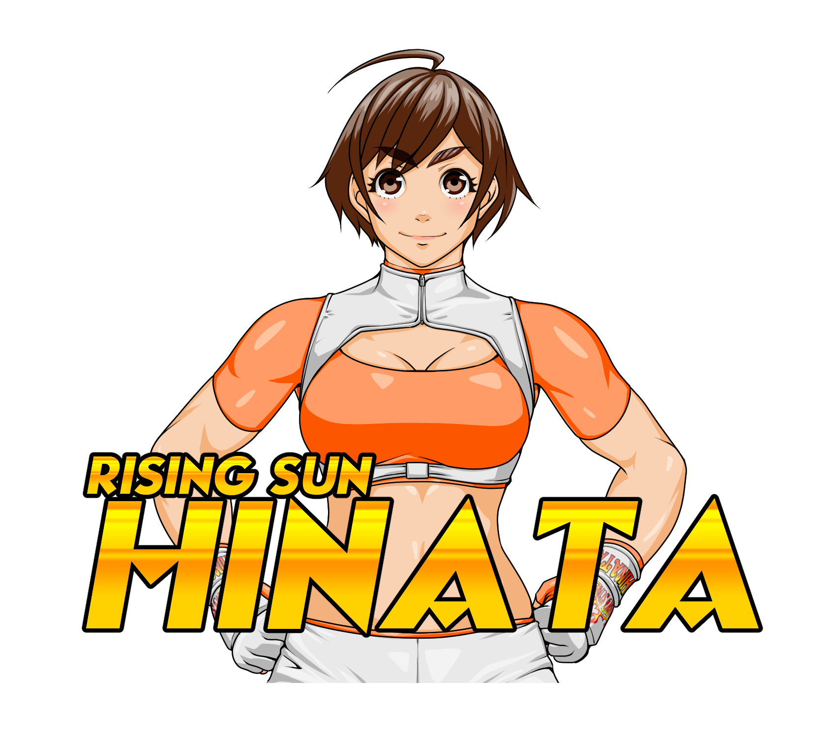 daikokuya yenjaku, asahina hinata (daikokuya yenjaku), original, 1girl, ahoge, brown eyes, brown hair, hands on own hips, solo, thick eyebrows, transparent background, wrestling outfit