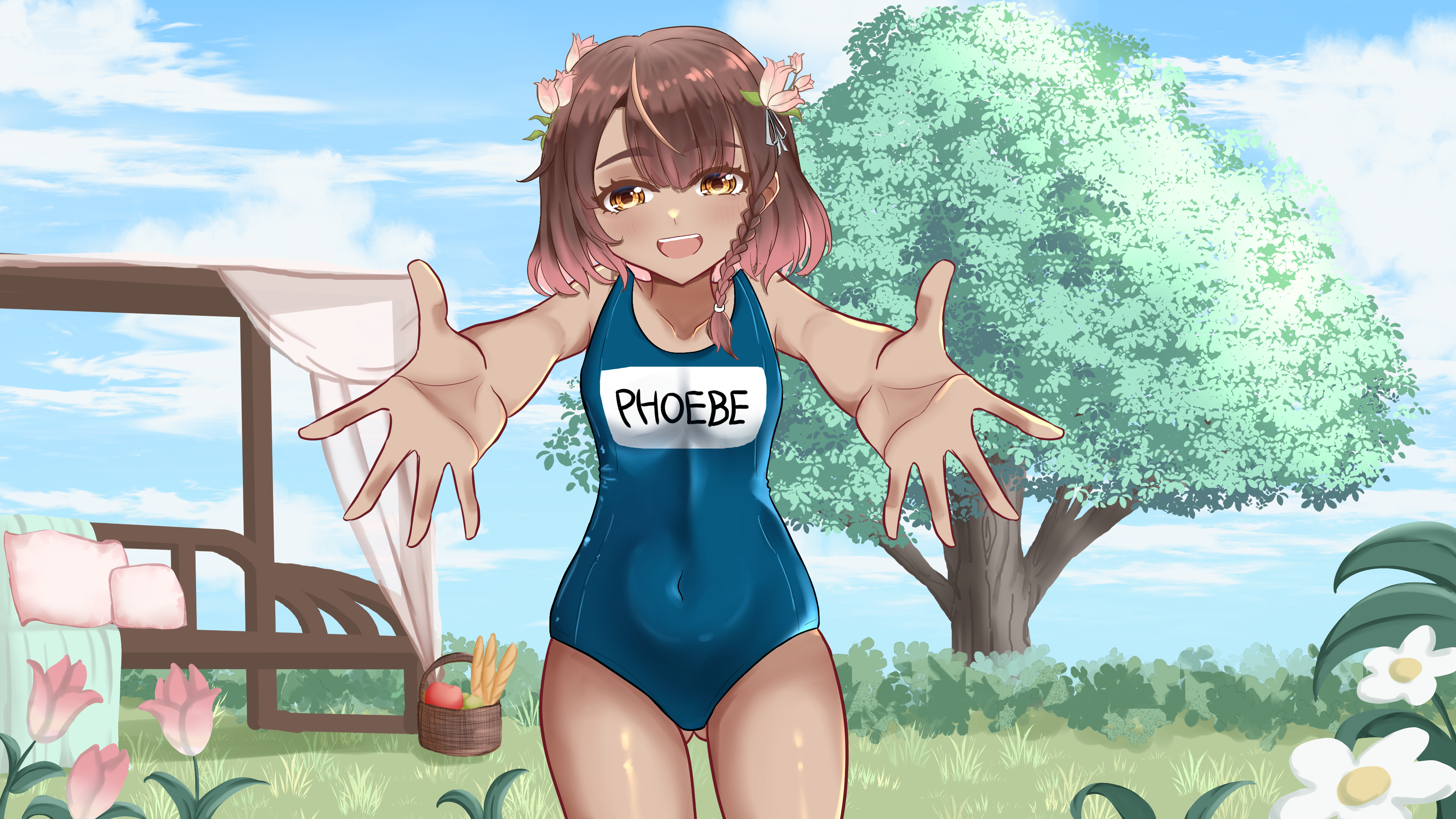 alienmangap, phoebe (vtuber), densetsu.exe, indie virtual youtuber, commission, highres, 1girl, belly, breasts, flower, grass, hair flower, hair ornament, name tag, navel, one-piece swimsuit, open mouth, outdoors, picnic basket, pillow, school swimsuit, small breasts, smile, solo, standing, swimsuit, tree, virtual youtuber