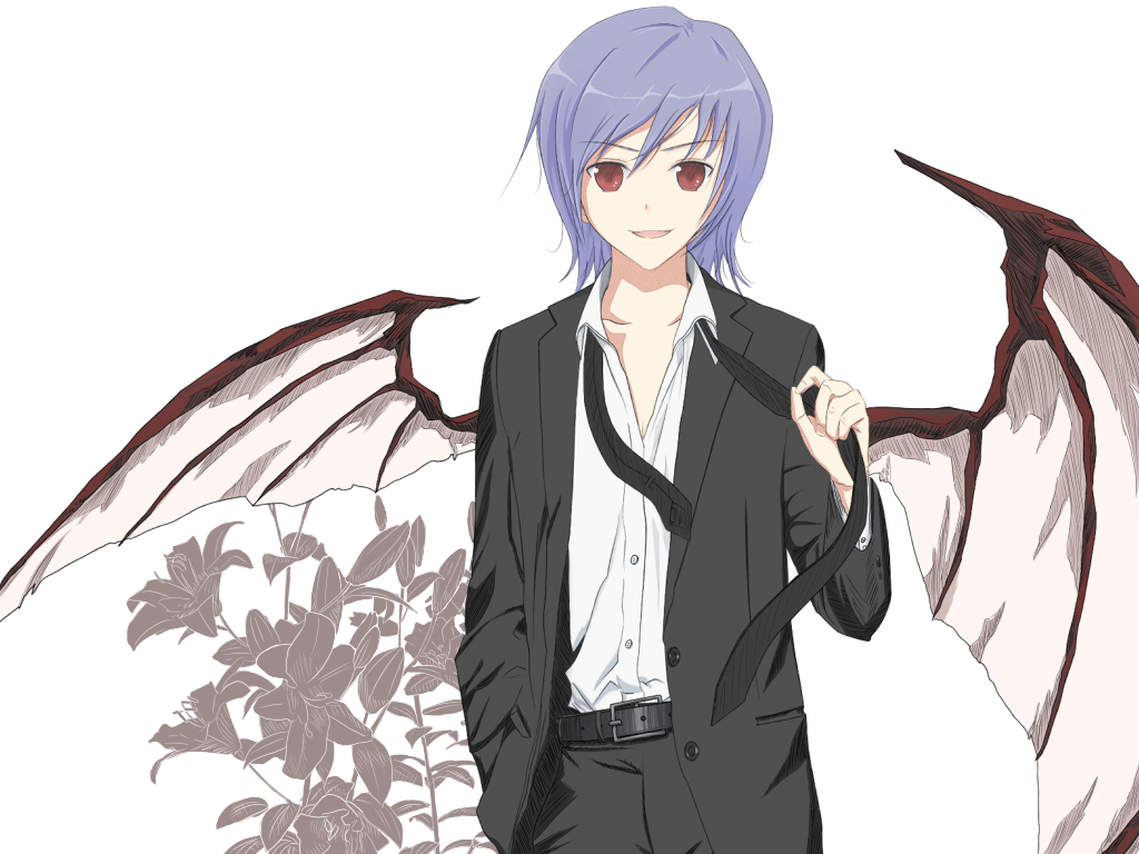 himorogi, remilia scarlet, touhou, 1boy, bat wings, blouse, blue hair, collared shirt, formal clothes, genderswap, genderswap (ftm), male focus, red eyes, shirt, short hair, solo, suit, white shirt, wings