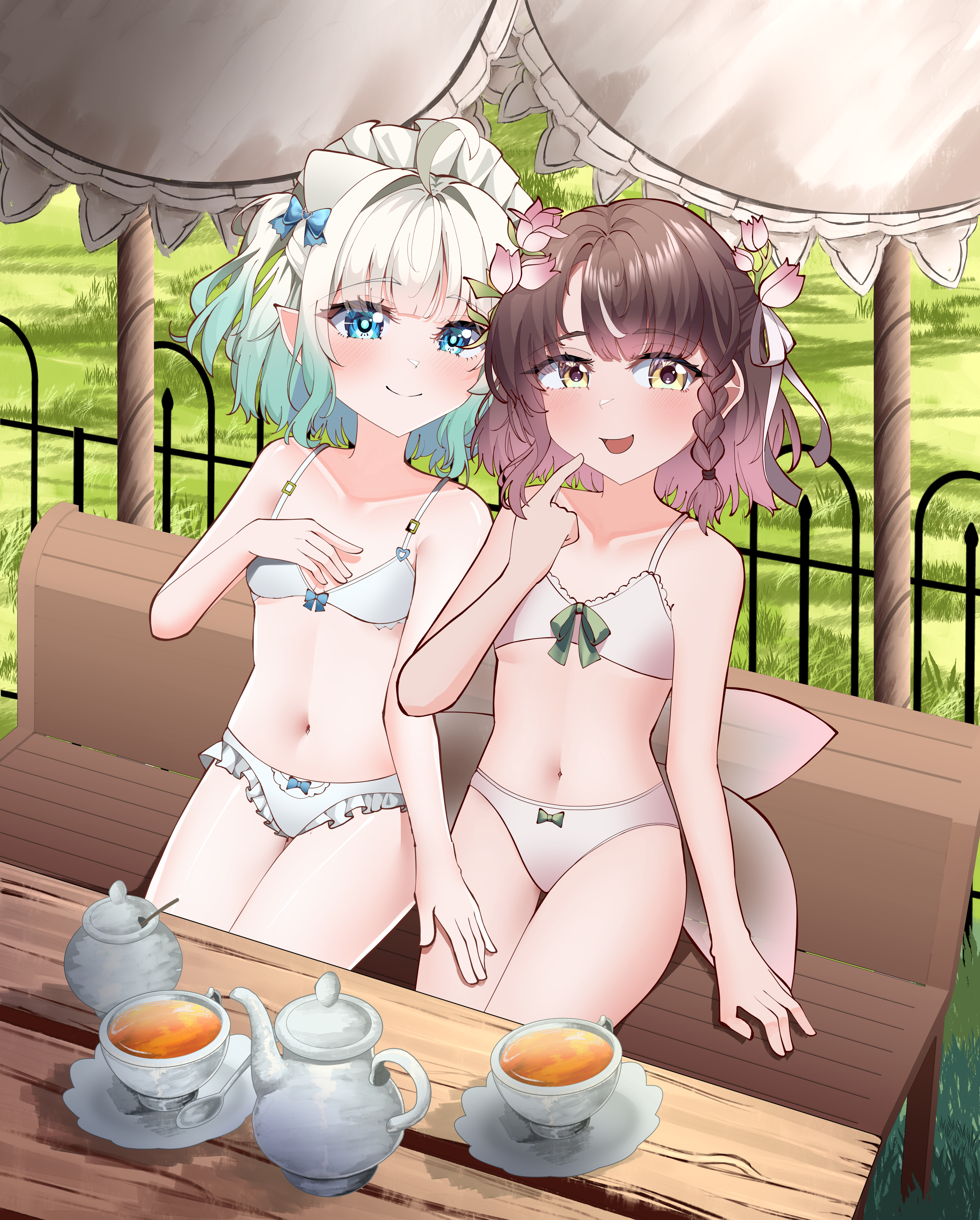 reqware, mint fantome, phoebe (vtuber), densetsu.exe, indie virtual youtuber, commission, highres, 2girls, ahoge, blue eyes, bra, brown hair, closed mouth, cup, flower, grass, hair flower, hair ornament, looking at viewer, mug, multiple girls, open mouth, outdoors, panties, pointy ears, sitting, smile, tea, underwear, underwear only, virtual youtuber, white bra, white hair, white panties, yellow eyes