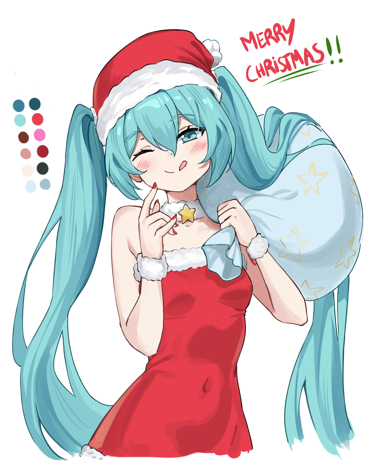 bib (bibboss39), hatsune miku, vocaloid, commentary, english commentary, highres, 1girl, blue eyes, blue hair, blush, breasts, choker, christmas, color guide, covered navel, cropped torso, dress, fur-trimmed dress, fur choker, fur trim, fur wrist cuffs, half-closed eyes, hat, holding, holding sack, index finger raised, licking lips, long hair, looking at viewer, merry christmas, nail polish, one eye closed, sack, santa costume, santa dress, santa hat, skin tight, small breasts, smile, solo, star (symbol), star choker, strapless, strapless dress, tongue, tongue out, twintails, very long hair, wrist cuffs