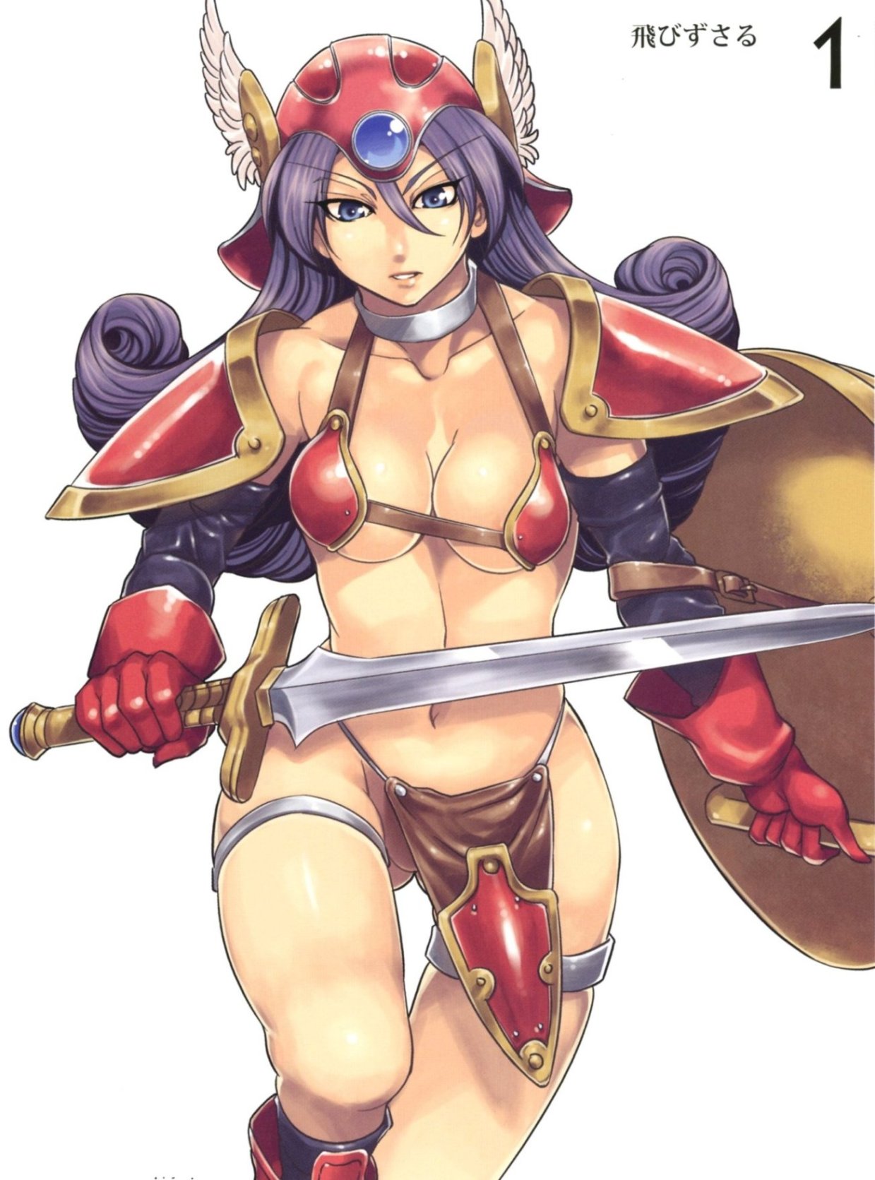mizuryu kei, warrior (dq3), chunsoft, dragon quest, dragon quest iii, enix, queen's blade, highres, 1girl, armor, bikini armor, blue eyes, breasts, choker, elbow gloves, female focus, gloves, helmet, latex, latex gloves, long hair, no panties, purple eyes, purple hair, red armor, shield, solo, sword, thigh strap, weapon, white background, winged helmet