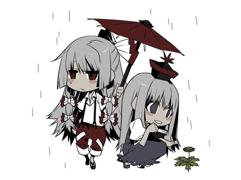 keruberosu-a, fujiwara no mokou, kamishirasawa keine, touhou, silver hair, bad id, bad pixiv id, 2girls, :/, blue eyes, book, bored, bow, chibi, female focus, flower, hair bow, hat, long hair, multiple girls, oil-paper umbrella, plant, rain, red eyes, umbrella