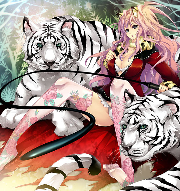 ta kaana, original, 1girl, animal ears, blue eyes, breasts, cleavage, female focus, long hair, panties, pink hair, sitting, solo, spread legs, thighhighs, tiger, underwear, whip, white tiger