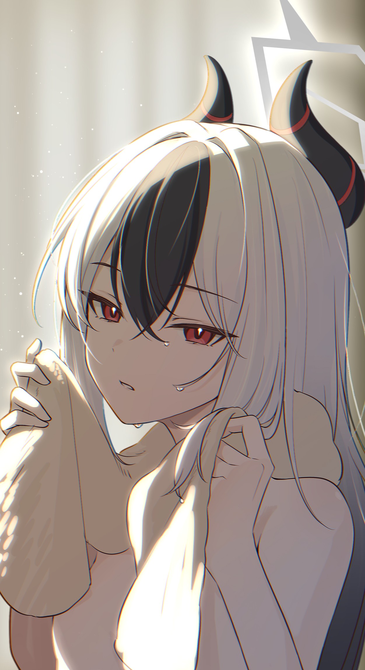 revebw, kayoko (blue archive), blue archive, commentary request, highres, partial commentary, 1girl, bare shoulders, black hair, black horns, breasts, demon horns, grey halo, hair between eyes, halo, halo behind head, hands up, horns, long hair, looking at viewer, multicolored hair, naked towel, nude, red eyes, sidelocks, small breasts, solo, towel, two-tone hair, water drop, white hair